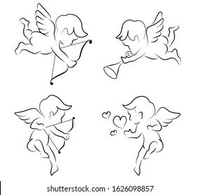 Black and white illustration set of four cupids, angels, st.Valentine's day, line drawing.Hand drawn vector decorative element for invitation and decoration, postcard, flyer, banner or website