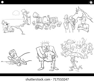 Black and White Illustration Set of Humorous Cartoon Vector Concepts or Ideas and Metaphors with Comic Characters