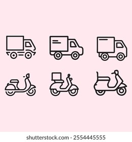 A black and white illustration of a set of modern delivery icons.