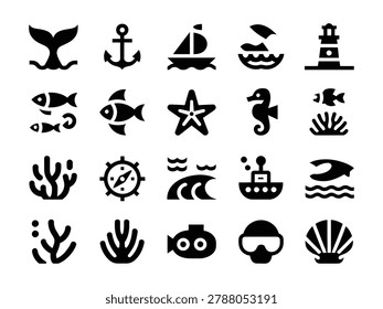 black and white illustration set of ocean nautical icons on white background
