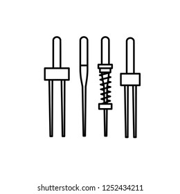 Black & white illustration of sewing machine needles. Vector line icon. Isolated object on white background 