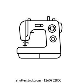 Black & white illustration of sewing machine. Vector line icon. Isolated object on white background