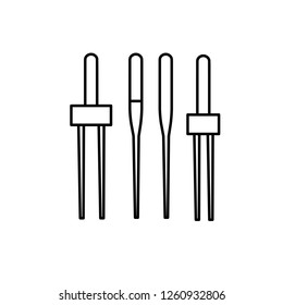 Black & white illustration of sewing machine needles. Vector line icon. Isolated object on white background 