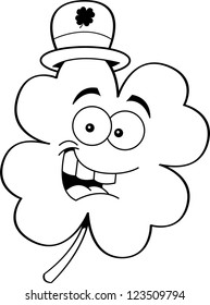 Black and white illustration of a shamrock wearing a hat.