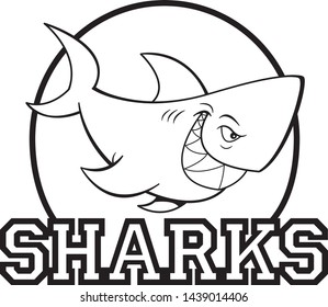 Black and white illustration of a shark inside a circle with sharks text.