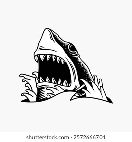 Black and white illustration of a shark with open mouth and sharp teeth. The shark emerges from water, showcasing its fierce teeth and powerful jaws. Vintage animal illustration, vector isolated.