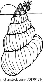 Black and white illustration of a shell with a palm tree. Logo