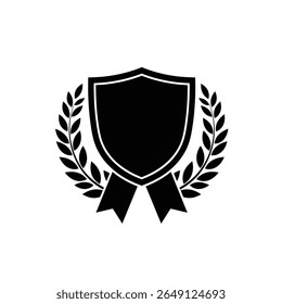 Uma ilustração em preto e branco de um escudo flanqueado por uma coroa de louros e coberto com uma fita. O estilo é simples e simbólico.