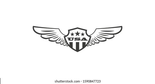 Black and white illustration of a shield with star wings and text. Vector illustration on the theme of American symbolism and freedom, democracy