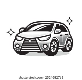 Ilustración en blanco y negro de un coche compacto brillante en un estilo de dibujos animados. Perfecto para proyectos de transporte, automoción y viajes por la ciudad.