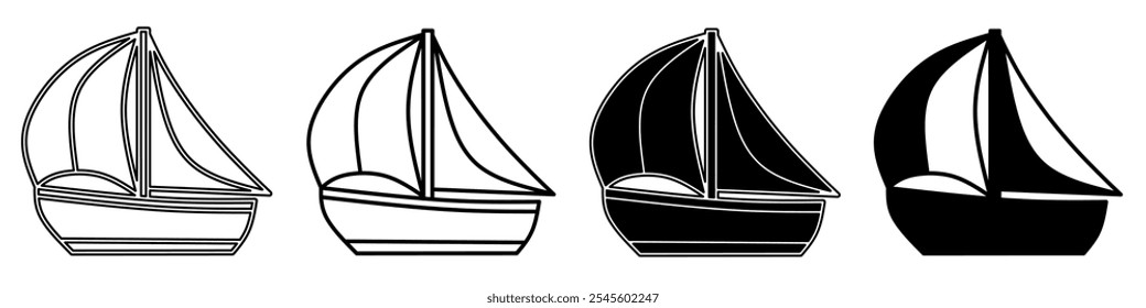 Black and white illustration of a ship. Ship icon collection with line. Stock vector illustration.