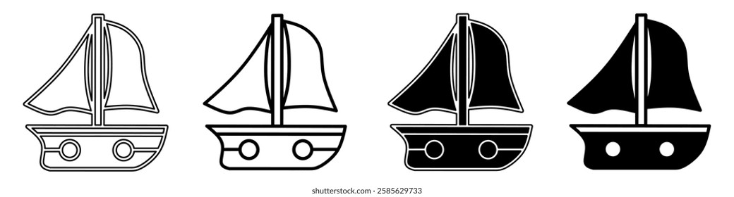 Black and white illustration of a ship. Ship icon collection with line. Stock vector illustration.