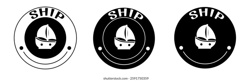 Black and white illustration of ship icon in flat. Stock vector.