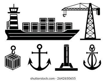 Black and white illustration of shipping logistics including ship crane anchors and other relevant objects