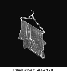 A black and white illustration of a shirt with small white dots hangs on a dark curved hanger. The shirt-like garment features a delicate pattern and clean lines.