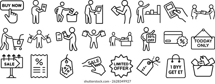 Black and white illustration of a shopping experience showing people, offers, sales, and purchasing process set icon.