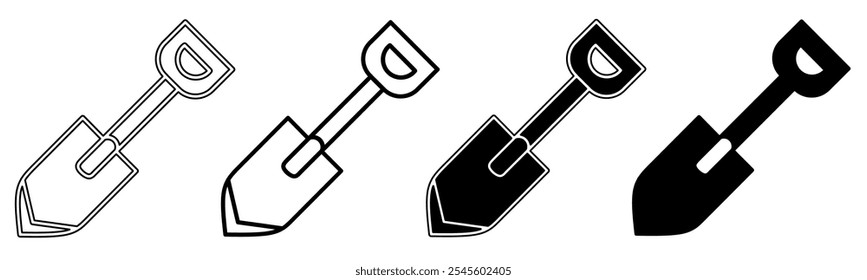 Black and white illustration of a shovel. Shovel icon collection with line. Stock vector illustration.