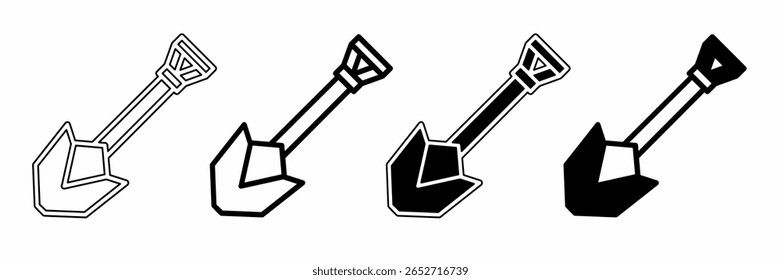 Black and white illustration of a shovel. Shovel icon collection with line. Stock vector illustration.