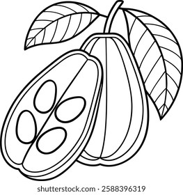 A black and white illustration showcases a cacao pod, bisected to reveal its seeds. Accompanying leaves add detail to this botanical drawing. Simple, clean lines define the image.