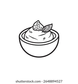 Black and white illustration showcases a hand drawn outline of a bowl filled with a creamy dip, adorned with a sliced piece of fruit and a mint leaf for freshness.