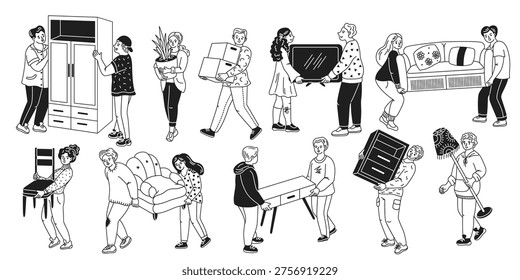 Black and white illustration showcasing diverse individuals collaboratively moving furniture pieces like cabinets, boxes, a sofa, and a TV. Teamwork and cooperation are depicted.