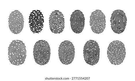 A black and white illustration showcasing ten distinct fingerprint patterns, representing arches, loops, and whorls for identification.