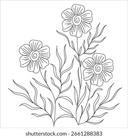 Black and white illustration showcasing three intricate flowers with leaves, perfect as a coloring page or decoration