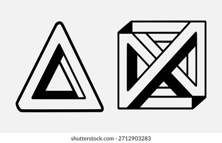Ilustración en blanco y negro que muestra un triángulo y un cubo con efectos de ilusión óptica.