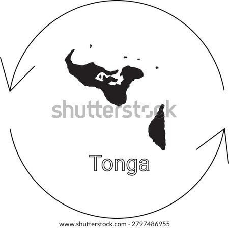 A black and white illustration showing the archipelago of Tonga within a circular border, with arrows indicating movement.
