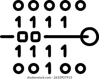 A black and white illustration showing a binary code pattern with circles and ones, representing data in a digital system and abstract graphic form.