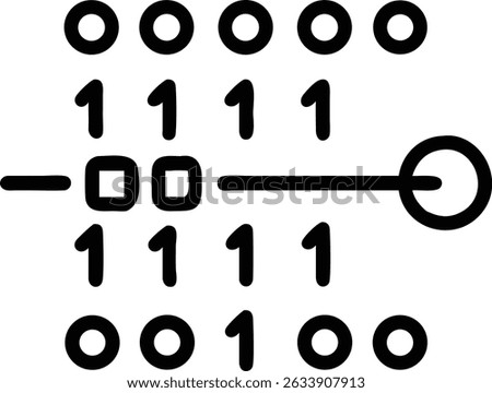 A black and white illustration showing a binary code pattern with circles and ones, representing data in a digital system and abstract graphic form.