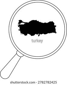 A black and white illustration showing a magnifying glass focused on the outline of Turkey.