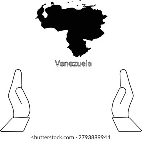 A black and white illustration showing the map of Venezuela above the word Venezuela, with two open hands below it.