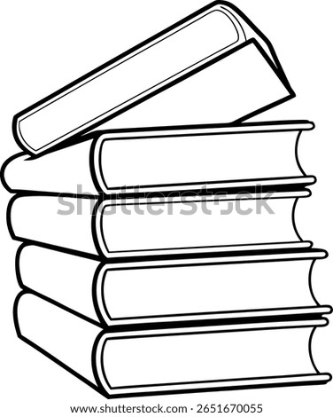 A black and white illustration showing a stack of books. The books are piled on top of each other, with the top book slightly askew. Simple, clean design.