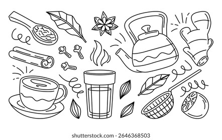 Black and white illustration showing traditional Indian masala chai tea ingredients and utensils in hand-drawn line art style.
