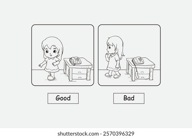 Black and white illustration showing two scenarios of good and bad behavior, highlighting moral differences in actions. Useful for children's education and ethical decision-making materials.