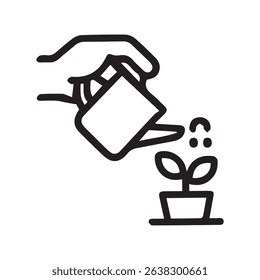 Black and white illustration shows a hand watering a plant symbolizing growth and care. Perfect for themes related to gardening, nature, and nurturing.