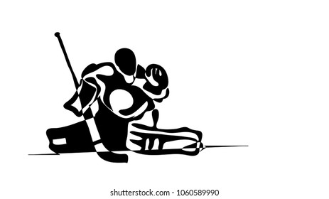 Black and white illustration shows hockey goalkeeper in action. Ice Hockey. Vector illustration