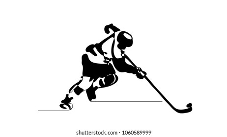 Black and white illustration shows hockey player in attack. Ice Hockey. Vector illustration