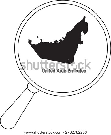 A black and white illustration shows a magnifying glass focused on the outline map of the United Arab Emirates.