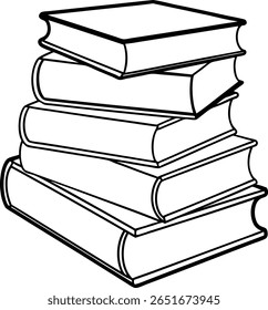 Uma ilustração em preto e branco mostra uma pilha de cinco livros. Os livros estão empilhados um em cima do outro, e têm um estilo de contorno simples. Perfeito para temas de educação.