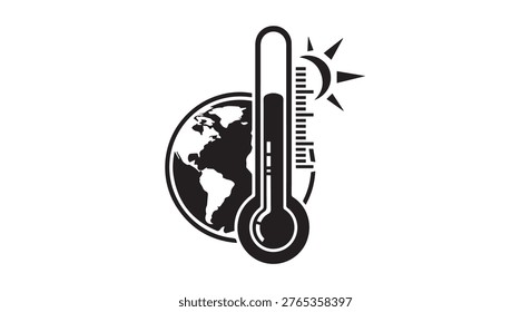 A black and white illustration shows a thermometer with a rising mercury level, placed in front of a globe and a sun. This symbolizes global warming and climate change.