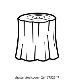 A black and white illustration shows a tree stump with concentric rings on top and a textured surface around the sides, creating a simple graphic representation.