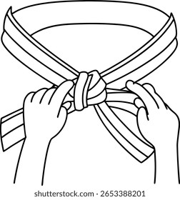 A black and white illustration shows two hands tying a martial arts belt in a knot. The belt is depicted with multiple stripes.