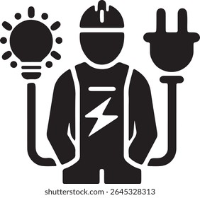A black and white illustration shows a worker, electrical plug, and lightbulb. Intended to convey the topic of electrical services or electrical work.