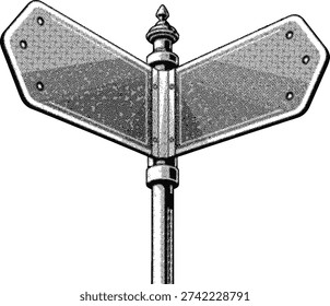 A black and white illustration of a signpost with two signs pointing in opposite directions, mounted on a pole with a decorative finial.