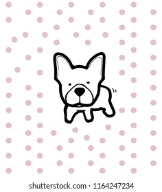 black and white illustration silhouette cute dog on dot background.