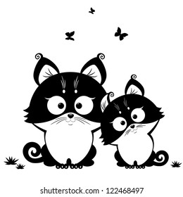 black and white illustration silhouette cute cats