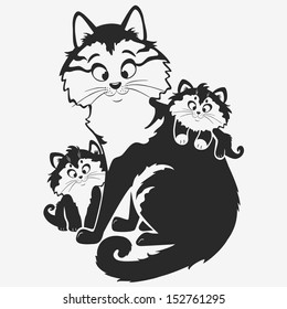 black and white illustration silhouette cute cat with kittens