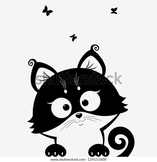白黒のイラストにかわいい猫 のベクター画像素材 ロイヤリティフリー